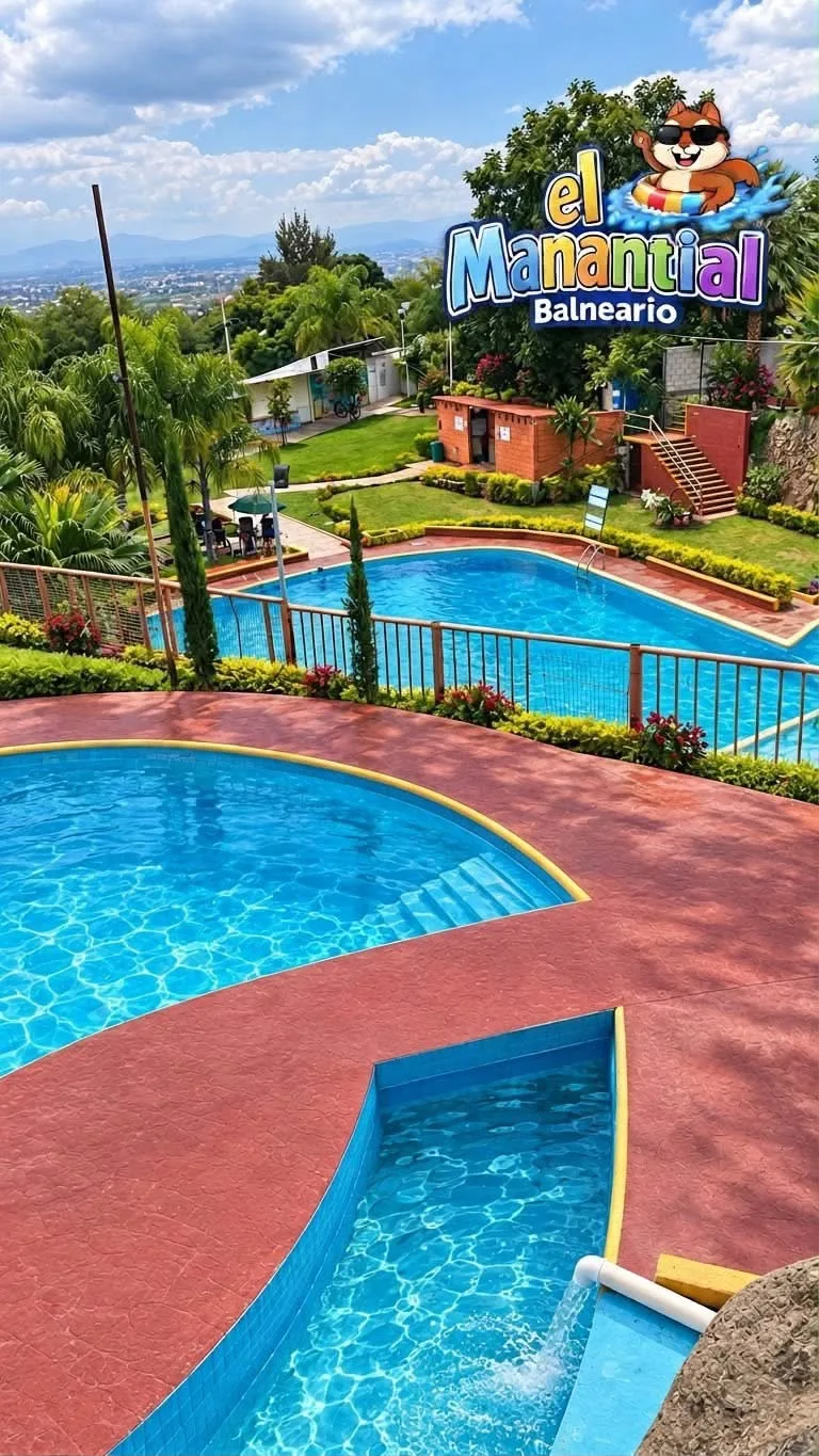 Vista de albercas y jardines